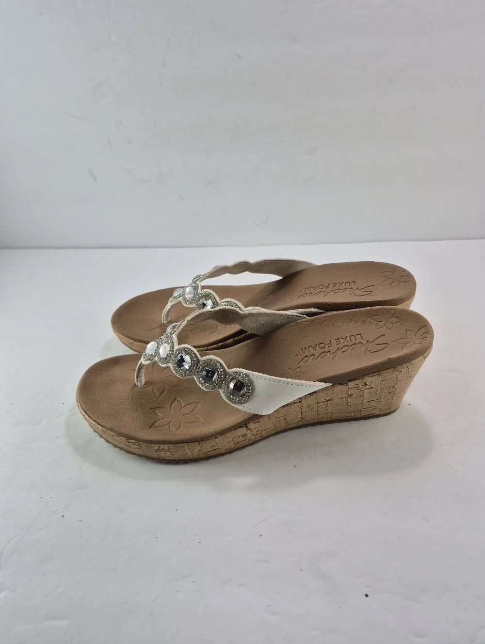 Skechers Cali Beverlee Bizzy Babe Rhinestone Cork Wedge Sandals White Size 7